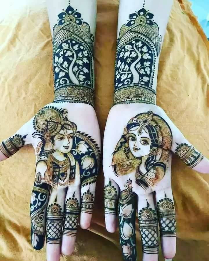 A simple mehndi design that includes images of Radha-Krishna